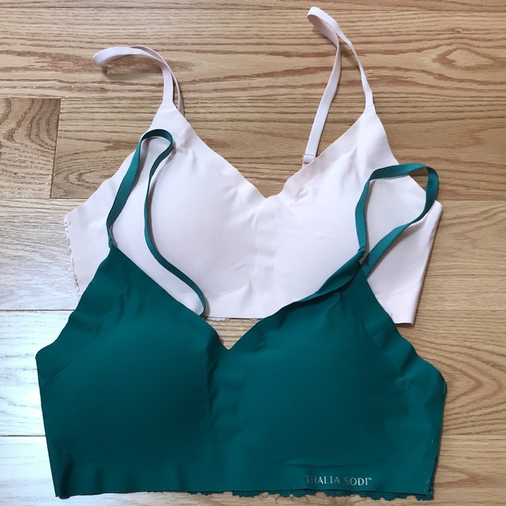 Thalia Sodi medium padded lace bras in blush and green.